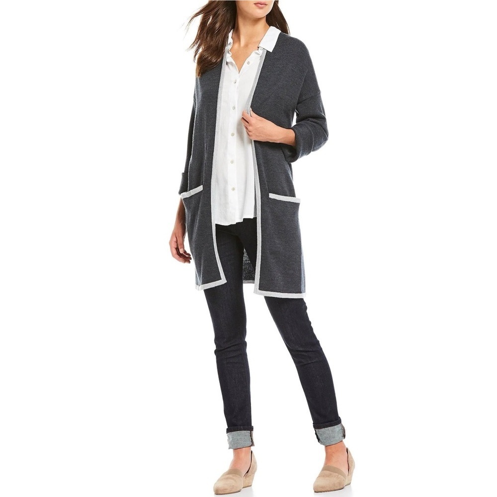 Eileen Fisher Merino Wool Open Front Cardigan Gray Contrast Trim Sustainable